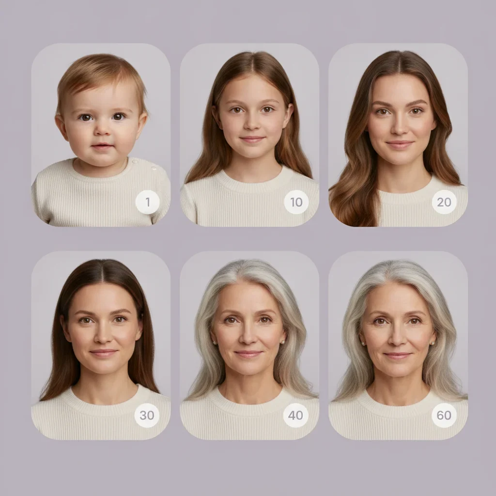 Один человек в 1, 10, 20, 30, 40 и 60 лет — пример таймлайна Dorena